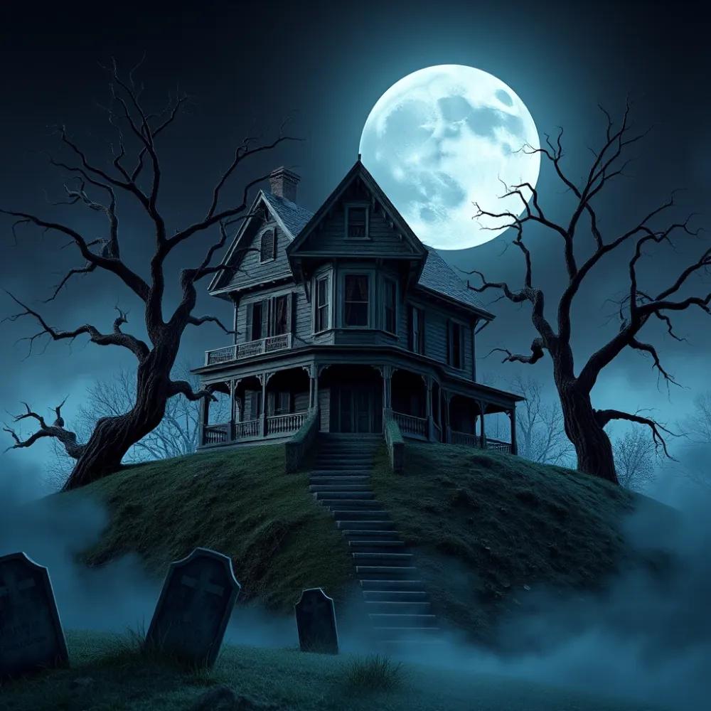 A 3D-rendered haunted Victorian house with crooked eaves and boarded windows stands atop a foggy hill, framed by twisted trees and a radiant full moon overhead.