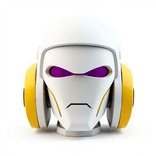 Minimal 3D robot head with bold geometric shapes on a white background.