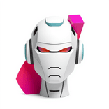 Abstract robot head design featuring vivid cyan, magenta, and yellow accents.