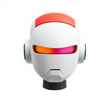 Colorful geometric robot head with a simplified visor on a clean white backdrop.