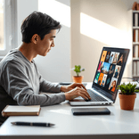 Person working at a home office desk, browsing AI-generated art on a laptop.
