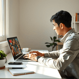 Single user at a tidy desk, looking at vibrant AI-created art on their screen.