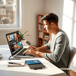 Relaxed person engaged with laptop displaying colorful imaginative digital artwork.