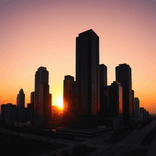 Modern skyscrapers stand dark against glowing orange and pink sunset hues.