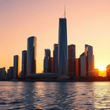 Modern city skyline at sunset with glowing glass skyscrapers and rippling waterfront reflections.