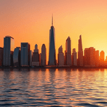 City skyline with sharp silhouettes of modern towers under a luminous orange-pink sunset.