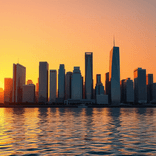 Sunset cityscape featuring sleek skyscrapers mirrored in softly rippled water.
