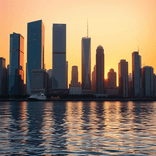 Contemporary city towers glowing in warm evening light above a textured waterfront.