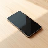 Modern phone with matte screen aligned on a light wood tabletop in morning light.