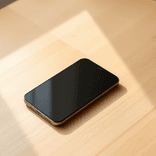 Ultra-thin bezel phone precisely aligned with oak grain, glowing in soft morning light.