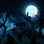 Spooky 3D Victorian house framed by eerie trees and moonlit fog.