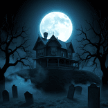 Victorian mansion with crooked eaves and fog sits atop a moonlit slope.