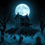 Gnarled trees and boarded-up house silhouette against a luminous full moon.